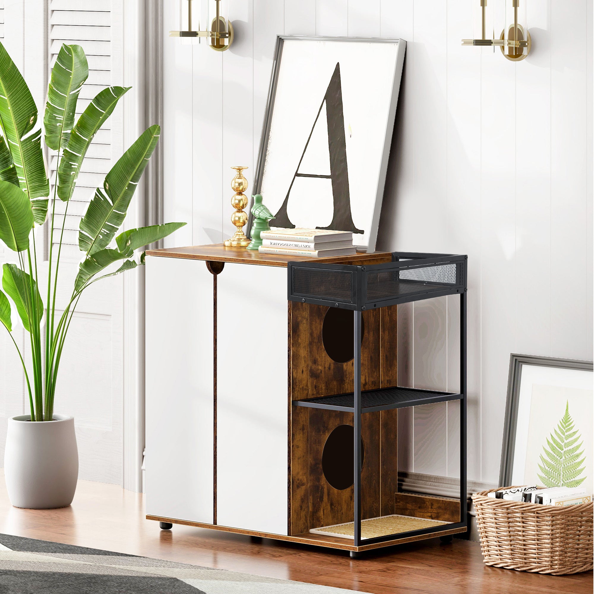 Litter Box Enclosure for 2 Cats - Rustic Brown Furniture