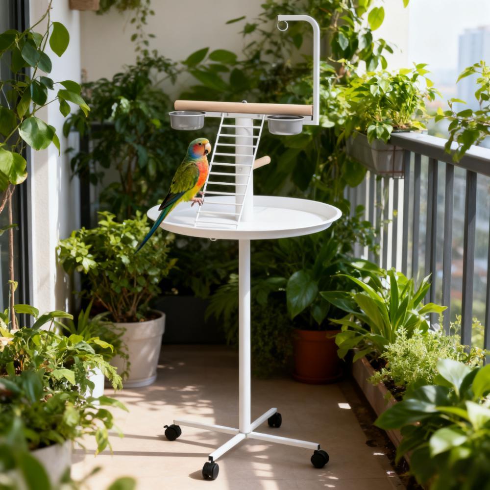 Portable Bird Stand with Wheels, Bowls, Tray, Feeder