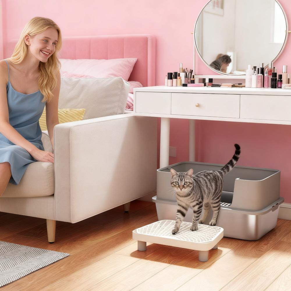 Stainless Steel Cat Litter Box with High Sides and Scoop