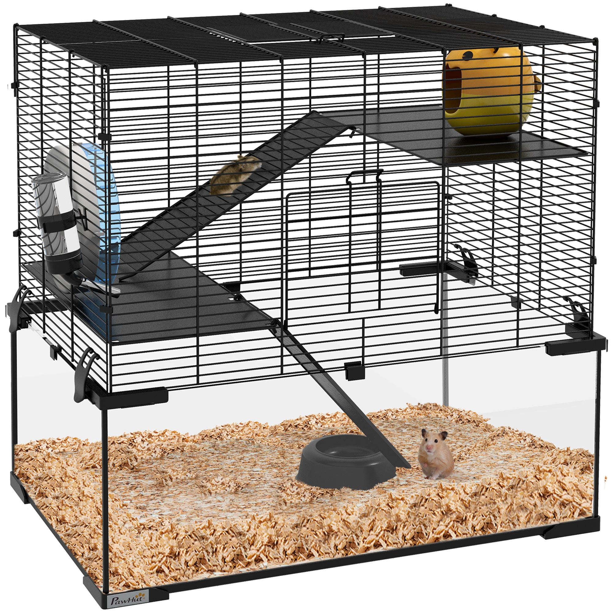 23.5" Hamster Cage with Glass Basin, Ramps, and Wheel