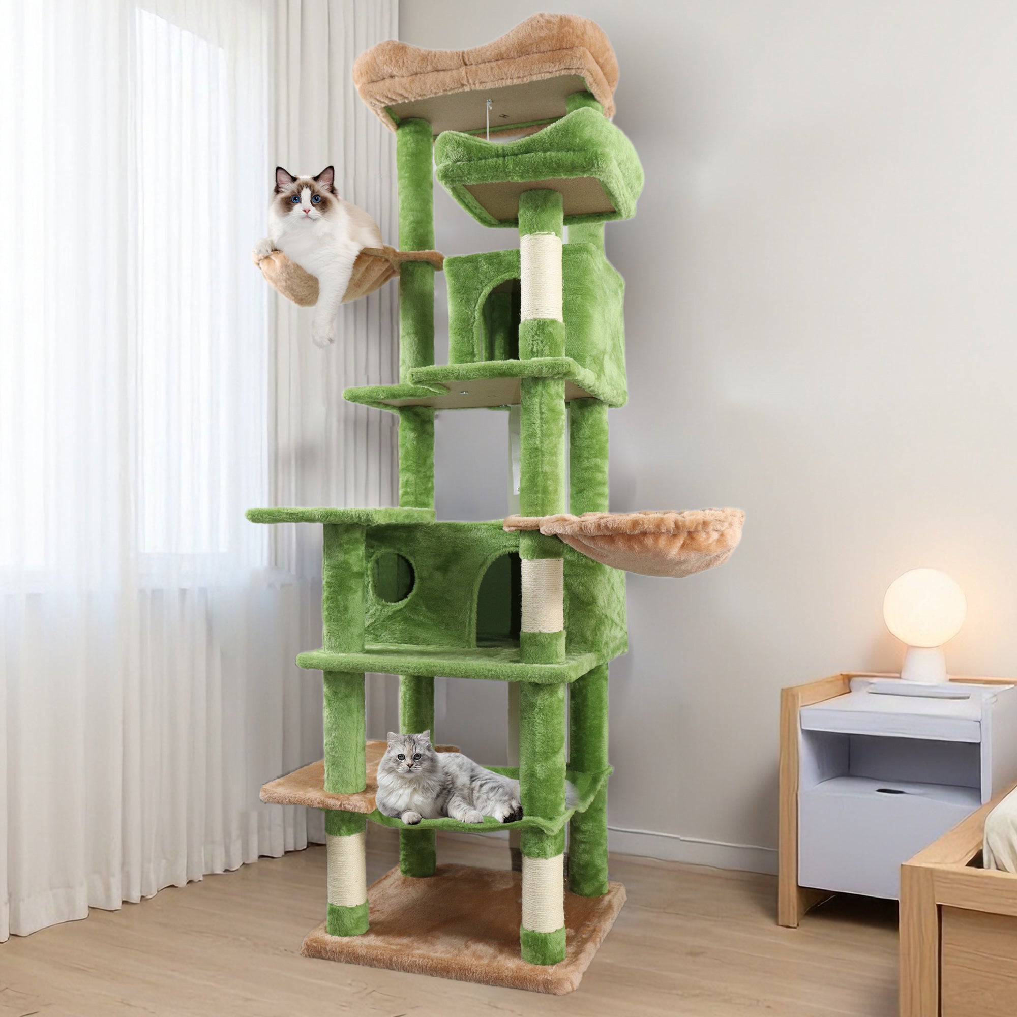 68in Tall Multi-Level Green Cat Tree with Hammocks & Scratching Posts