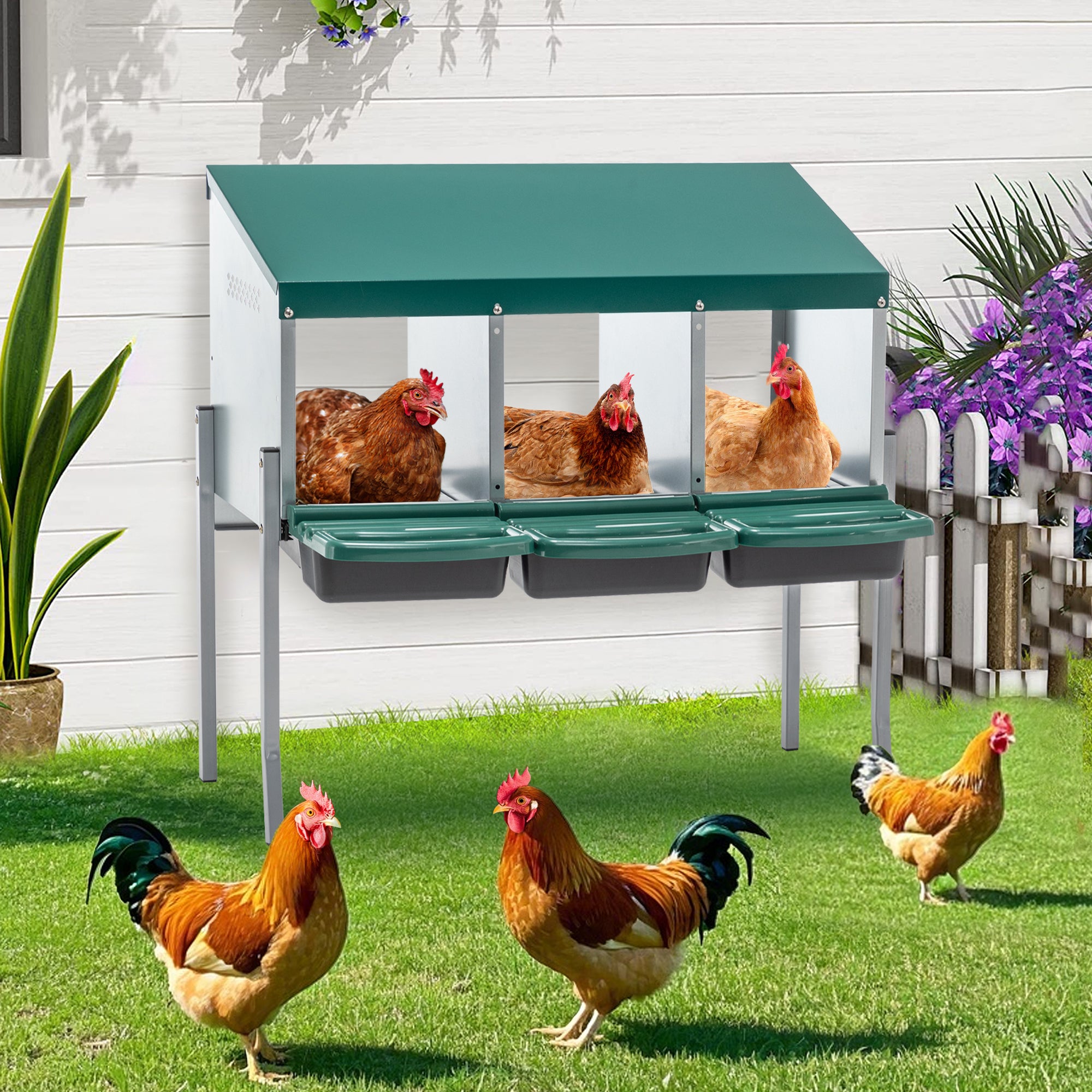 3-Hole Chicken Nesting Box with Legs and Lid Cover