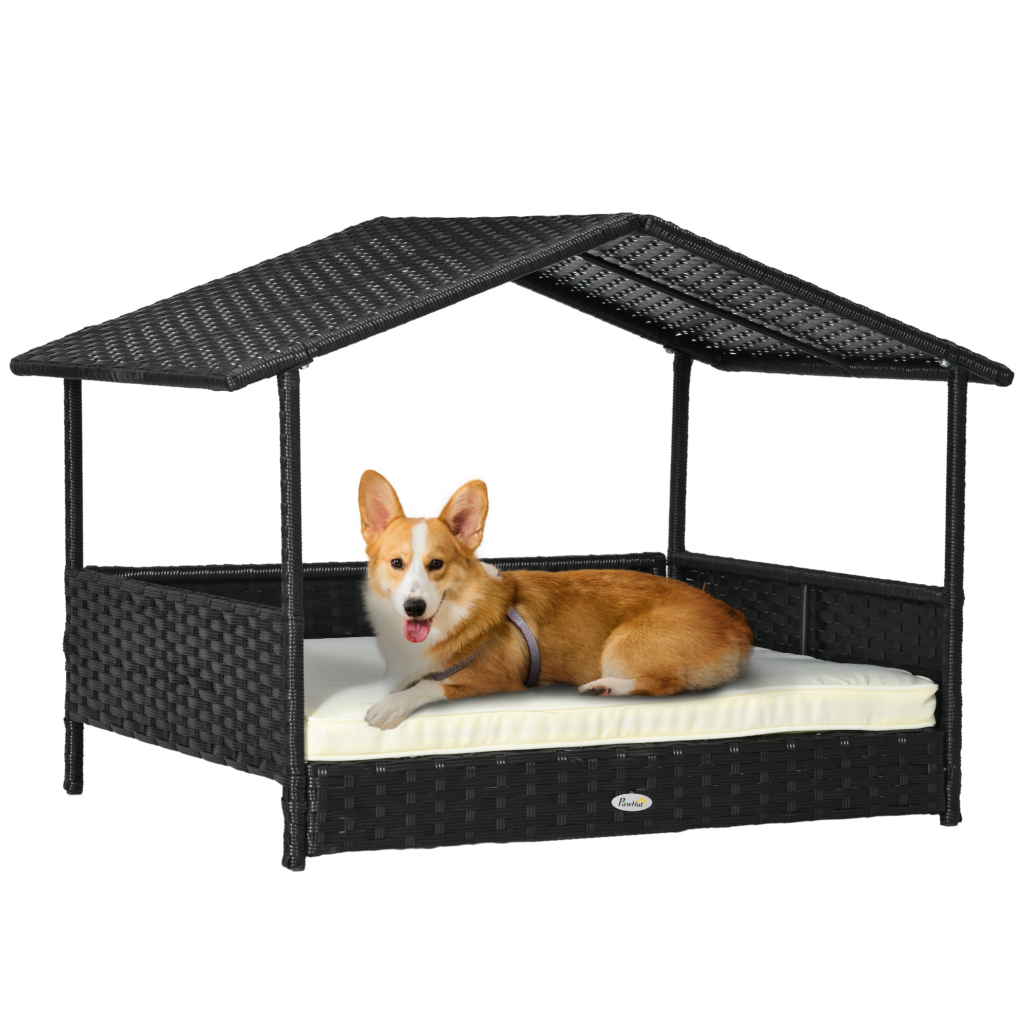 Wicker Outdoor Dog House with Canopy and Water-resistant Cushion