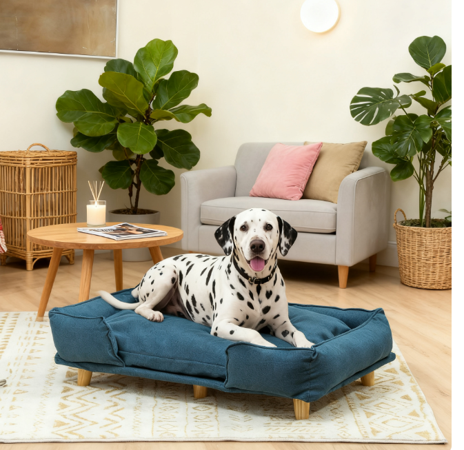 Raised Pet Couch with Comfortable Cushion and Pine Legs
