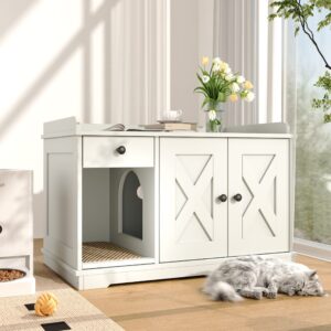 Cat Litter Box Enclosure with Storage Drawer, White