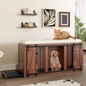56" Luxury 2-in-1 Dog Crate with Padded Seat & Barn Door
