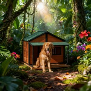 Outdoor Wooden Dog House with Roof, Door, Window, Porch