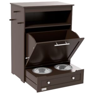 Pet Feeder Station with Storage and Raised Bowls, Brown