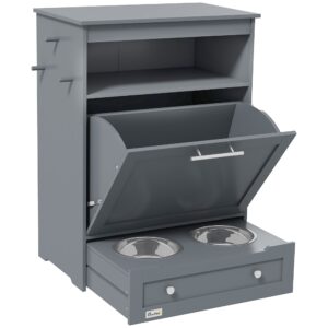 Pet Feeder Station with Storage Cabinet and Raised Bowls