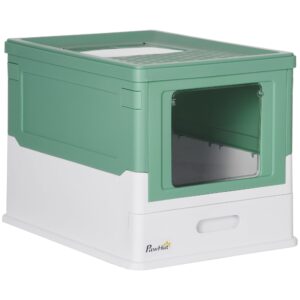 Enclosed Cat Litter Box with Scoop and Drawer Tray, Green