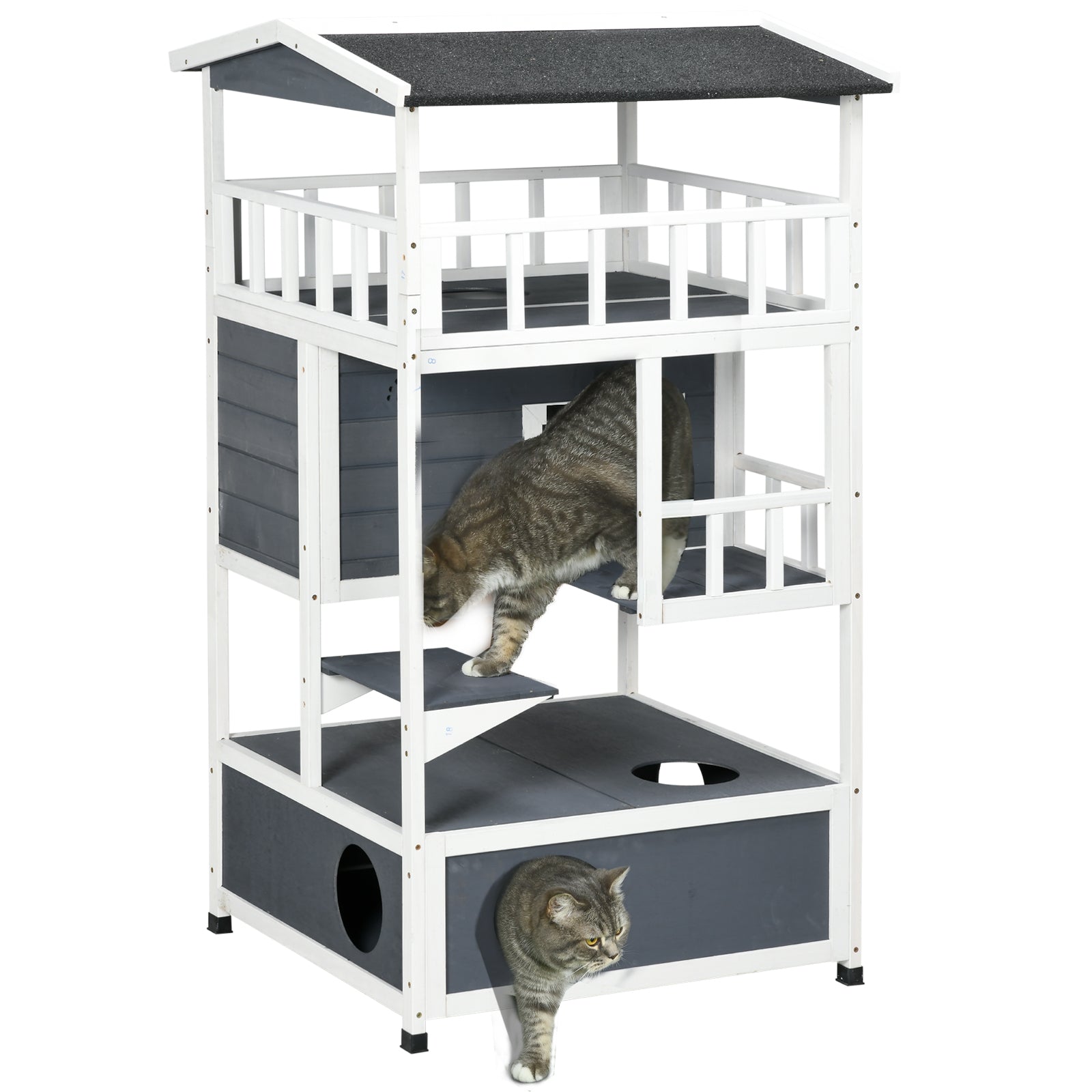 Wooden Outdoor Cat House with Asphalt Roof and Escape Doors