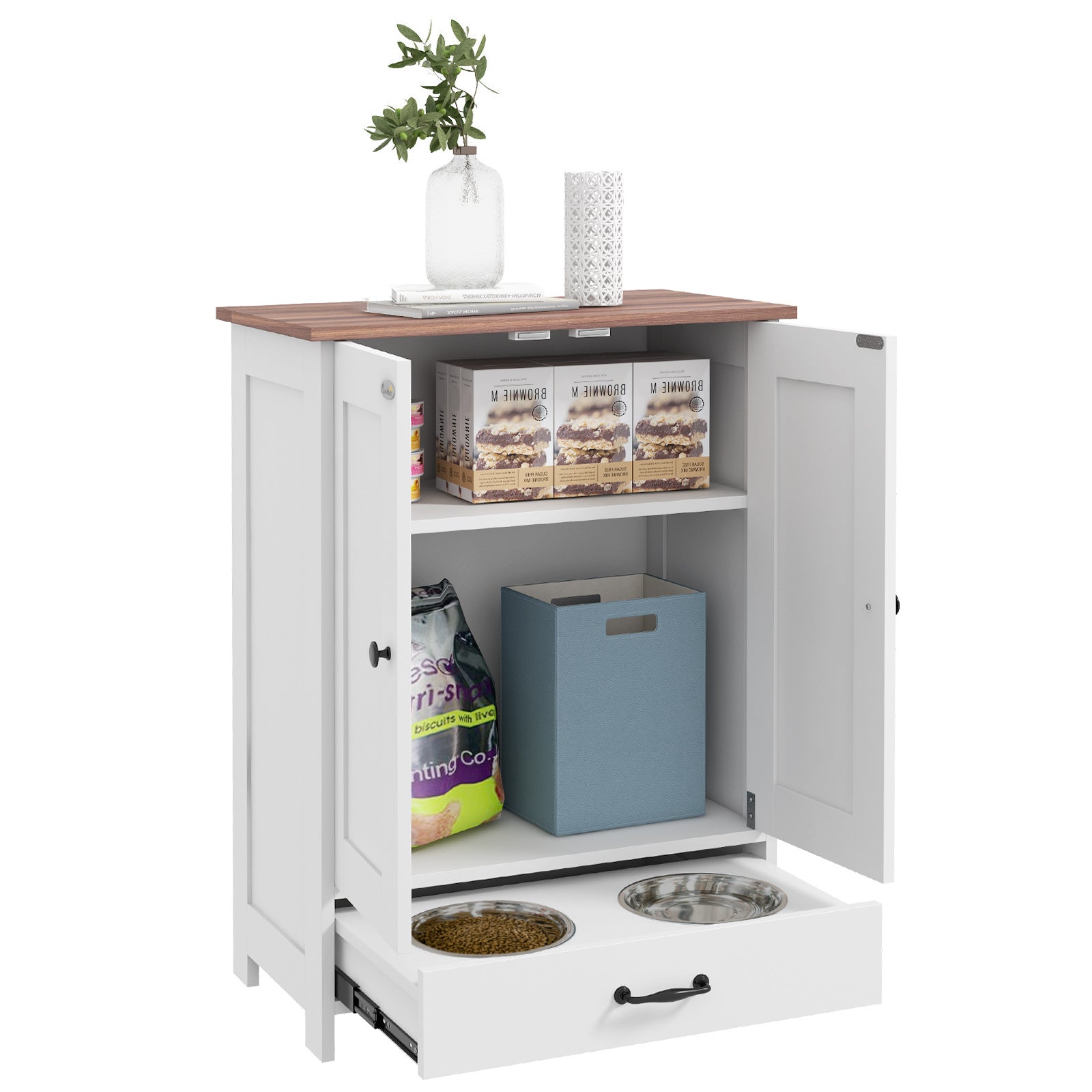Dog Feeding Station with Food Storage and Hidden Bowls